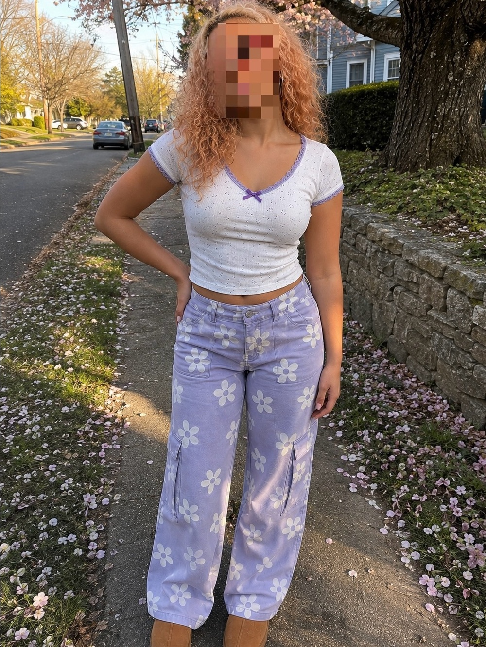 Altar'd State Lilac Floral Wide-Leg Cargo Pants